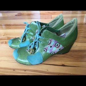 hand-stitched green leather & patch-work booties